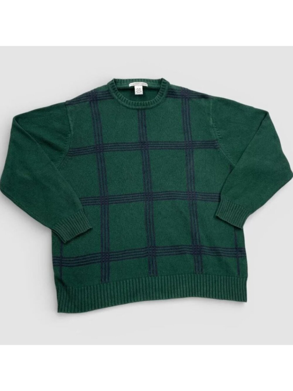 Geoffrey Beene Vintage Green Blue Tartan Plaid Cotton Crew Neck Sweater Men's XL